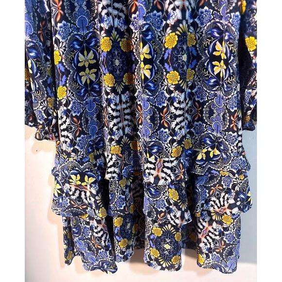 LOFT Women's Blue Yellow Floral Print Ruffle Tiered Mini Dress Size Medium - Picture 8 of 10